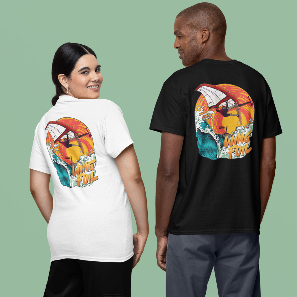 Wing Foiling Vibes T-Shirt: Front and Back Prints, Catch the Sunset, Ride the Wave - WINGFOILDAILY