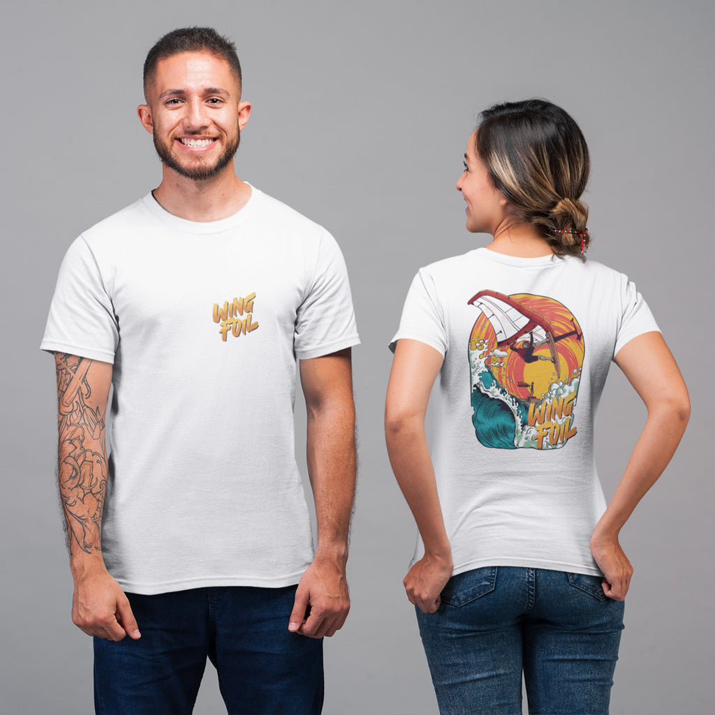 Wing Foiling Vibes T-Shirt: Front and Back Prints, Catch the Sunset, Ride the Wave - WINGFOILDAILY